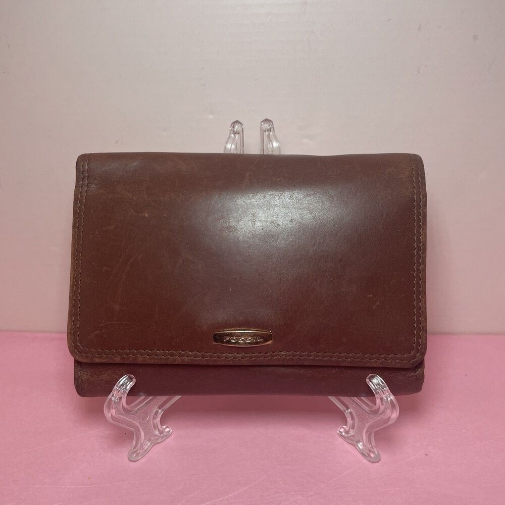 Vintage Fossil Women's Compact Brown Leather Trifold Wallet Coin Card ID Purse